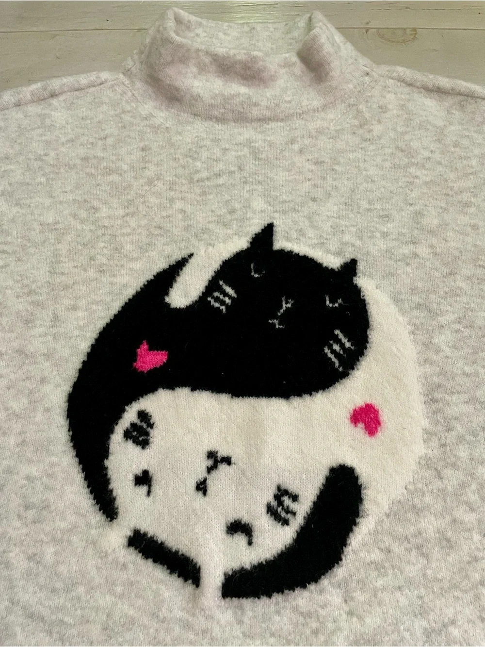 LOFT Light Heather Gray Cats Yin Yang Cozy Wool Blend Sweater Sz XL Mock T-Neck